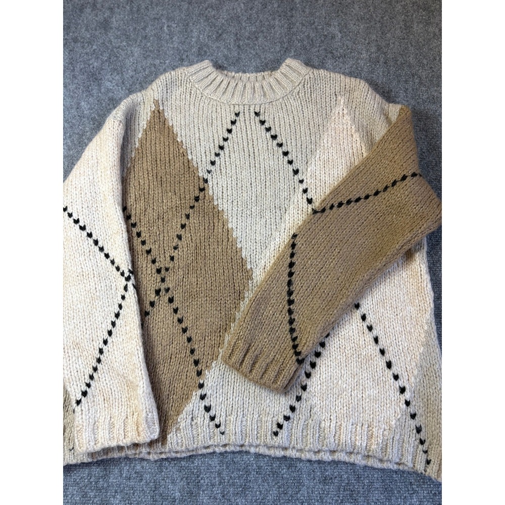 Zara Womens Oversized Argyle Chunky Knit Sweater Beige Tan Crew Neck Small